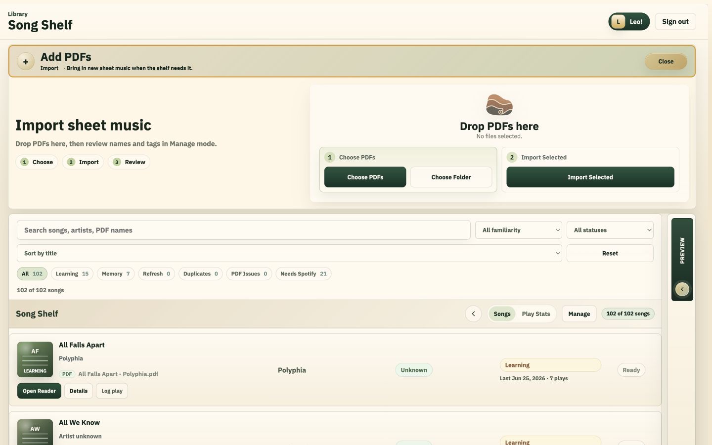 Cedra’s PDF importer with choose, import, and review steps above the private Song Shelf.