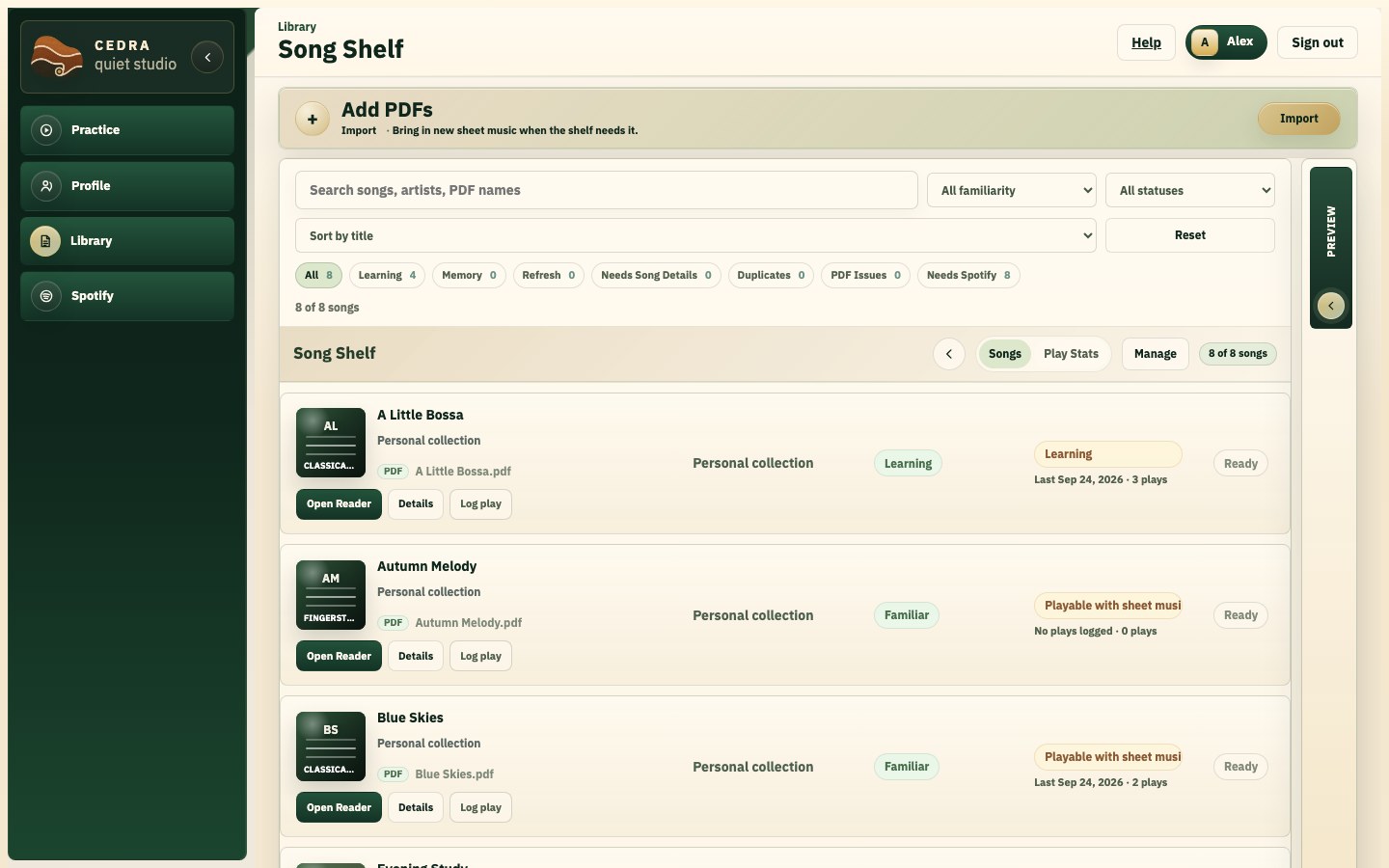Cedra Library with a searchable personal guitar score collection and Open Reader actions.