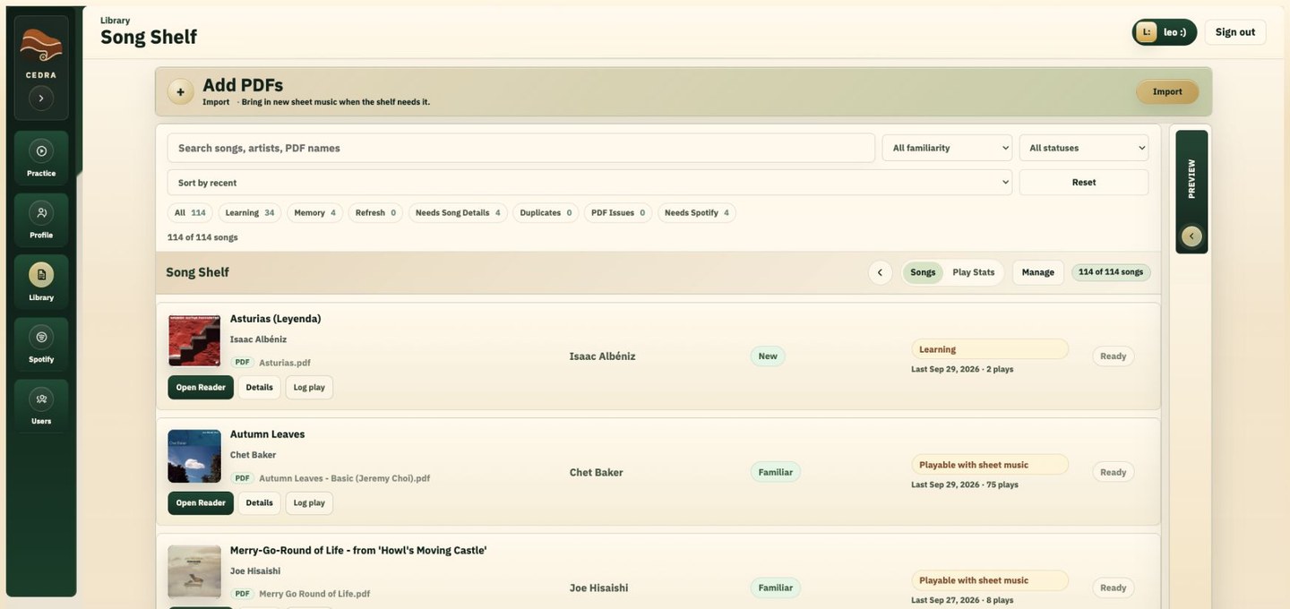 CEDRA Library showing a PDF collection with album artwork, search, filters and Open Reader actions.