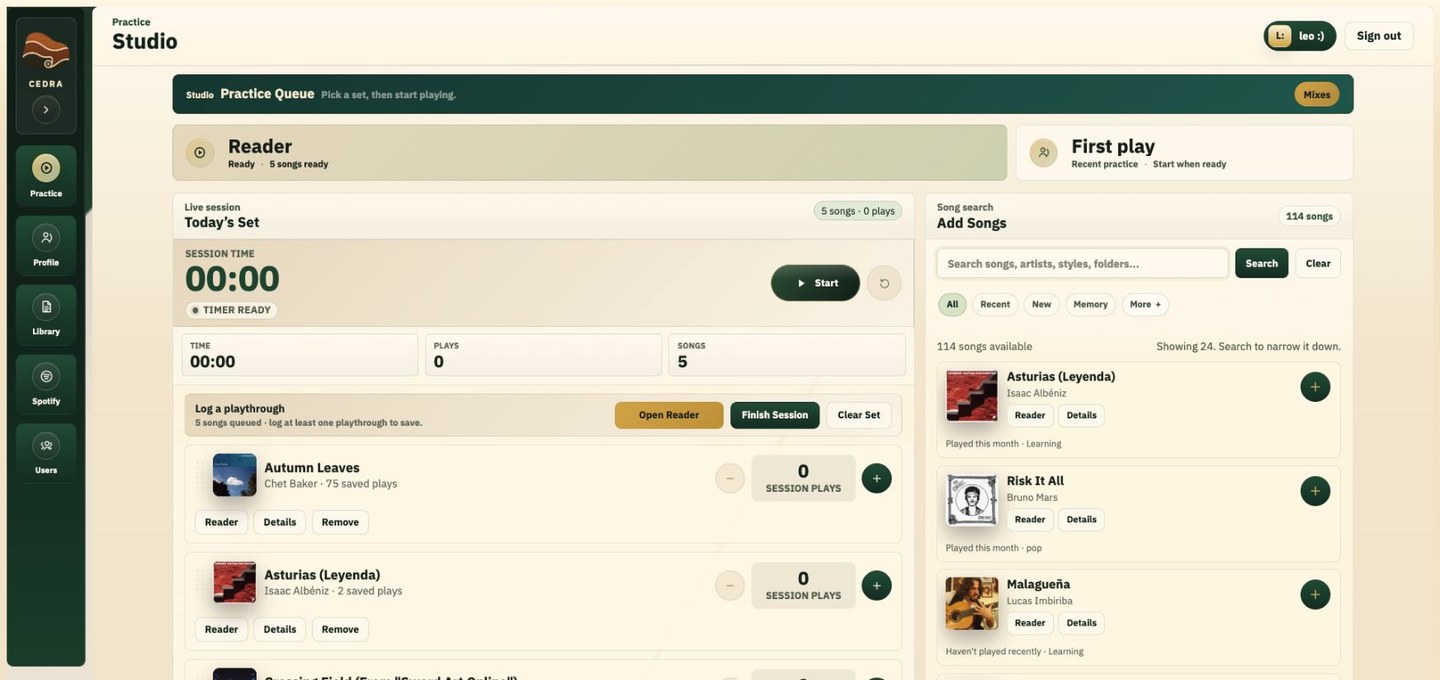 CEDRA Practice Studio showing a five-song queue, session controls and searchable songs with album artwork.