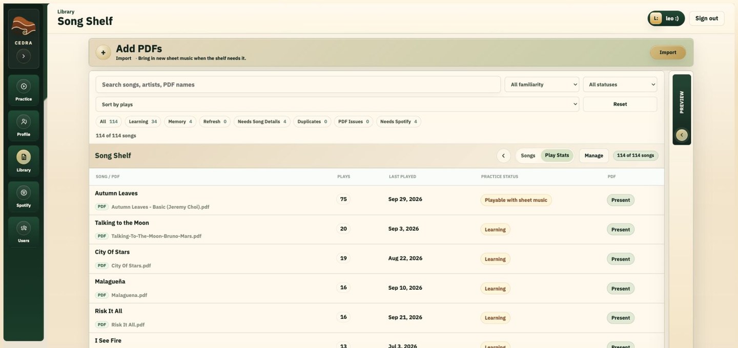CEDRA Play Stats showing songs, play counts, last-played dates, practice status and PDF availability.